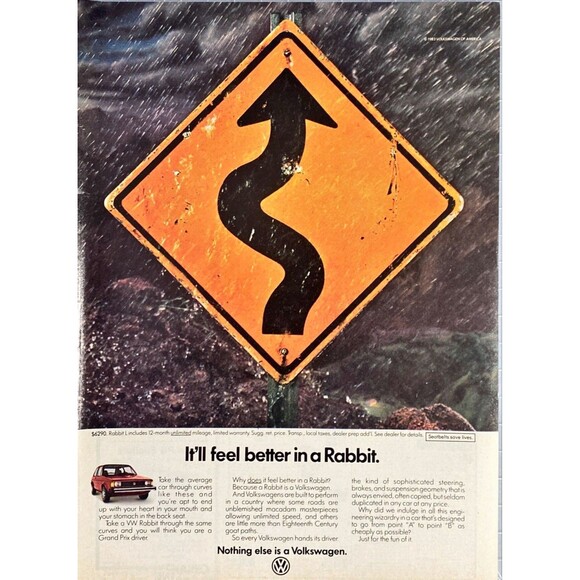 Volkswagen Rabbit "Thru Curves feels like a Grand Prix Driver" Vtg Print Ad 1983 - Picture 1 of 3